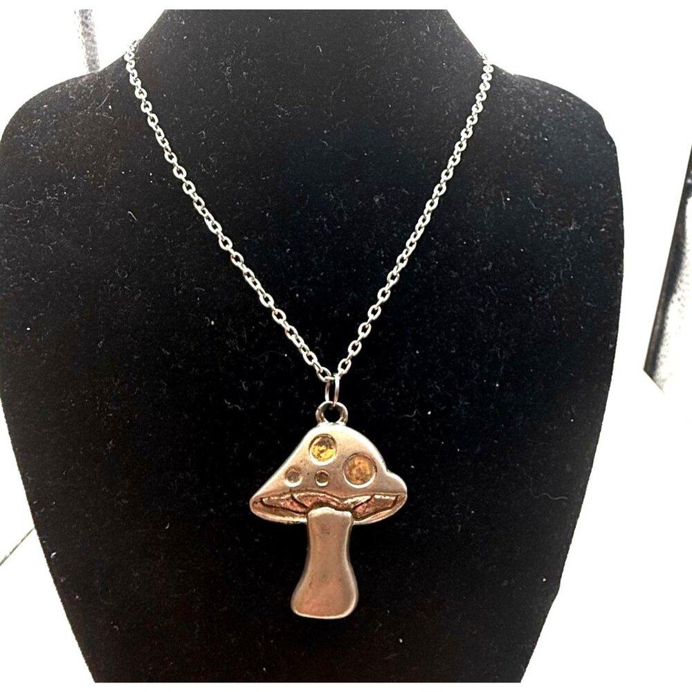 Vintage Mushroom Pendant Necklace Silver Tone Psychedelic Boho Charm